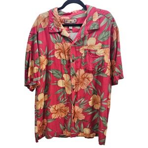 Caribbean Joe Mens XL Hawaiian Hibiscus Floral Aloha Shirt Rayon Red